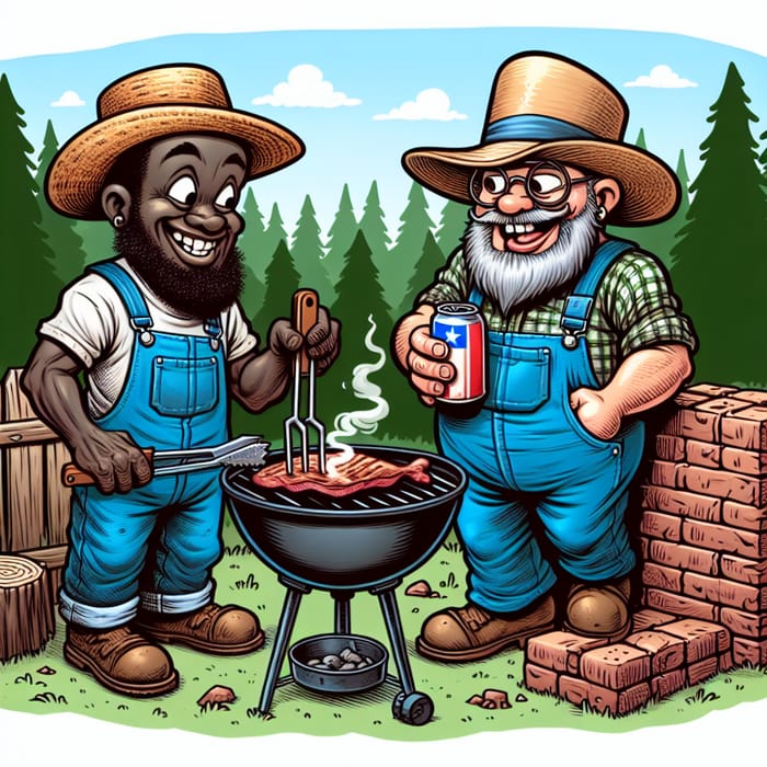 Two Cartoon Hillbillies BBQing with Beer in Woods