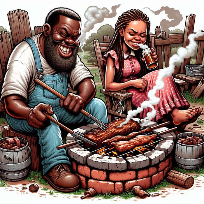 Two Cartoon Hillbillies Smoking Meat on Brick BBQ Pit