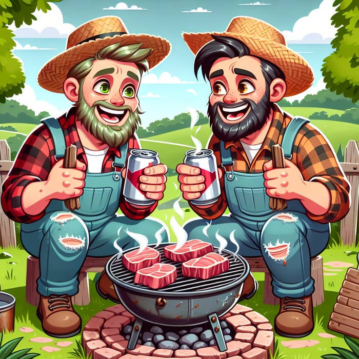 Cartoon Hillbillies Enjoying BBQ and Beer in Countryside