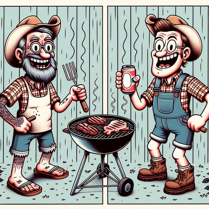 Lifelike Hillbilly Cartoon Characters Grilling and Drinking Outdoors