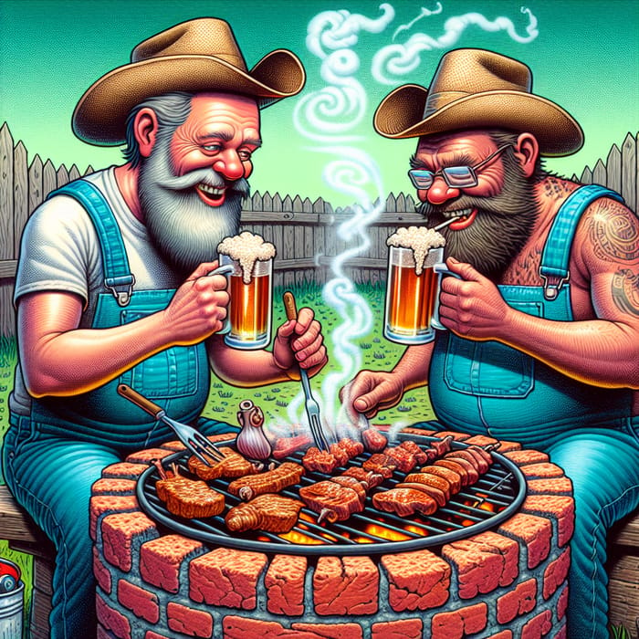 Cartoon Hillbillies Smoking Meat and Drinking Beer Outdoors