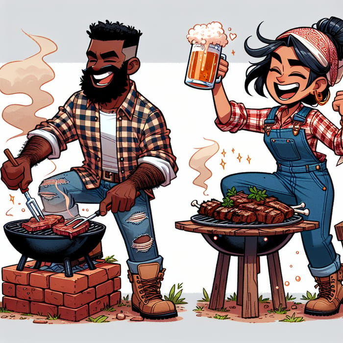 Cartoon Hillbillies Grilling Meat Outdoors with Friends