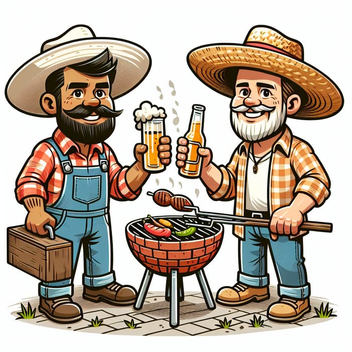 Lively Cartoon Hillbillies Grilling Meat with Beer on Brick BBQ