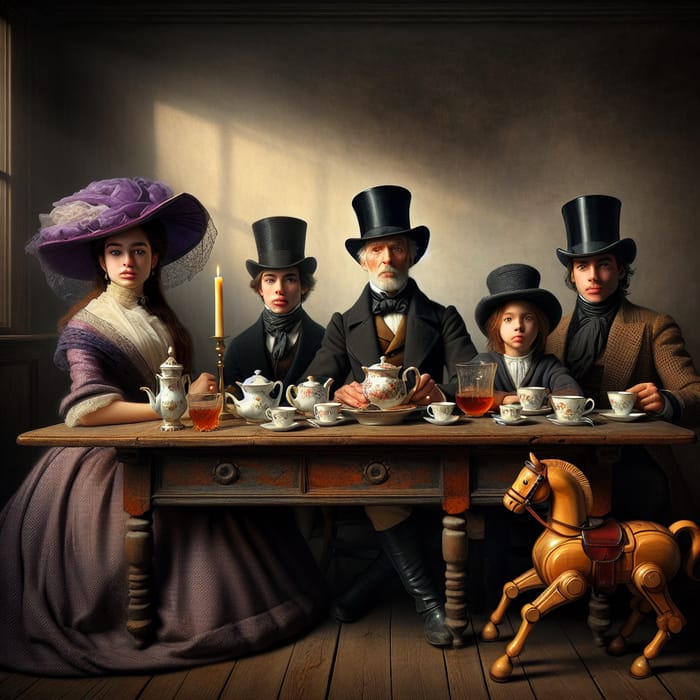 Impressionist Tea Party: Aristocracy in 1805 Dress with Antique Table & Wooden Toy Horse