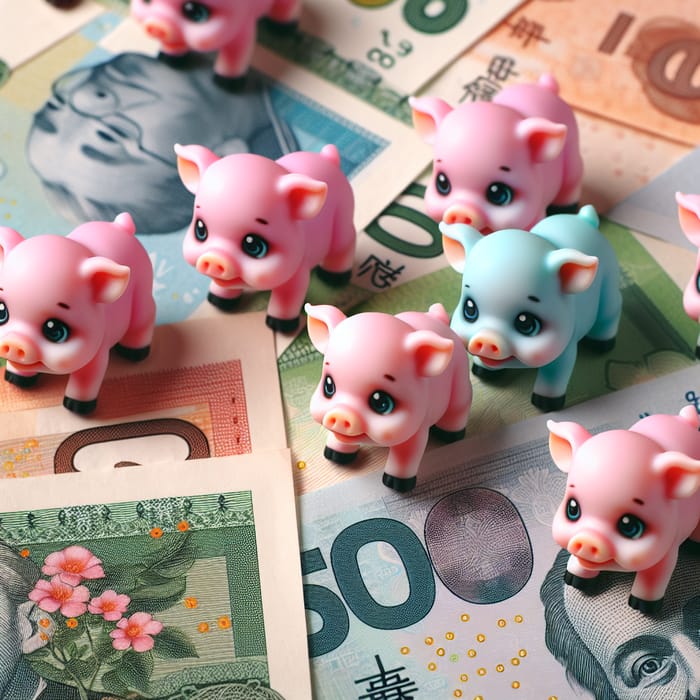 Colourful Currency Notes with Mini Pigs - Unique Collection