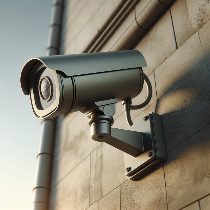 Distanced Observation: Modern Grey CCTV Camera on Aged Wall