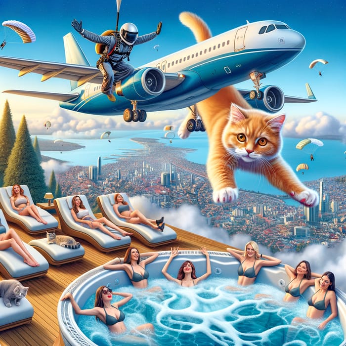 Enthralling Skydiver Moment | Mischievous Feline Artwork in Mid-Air