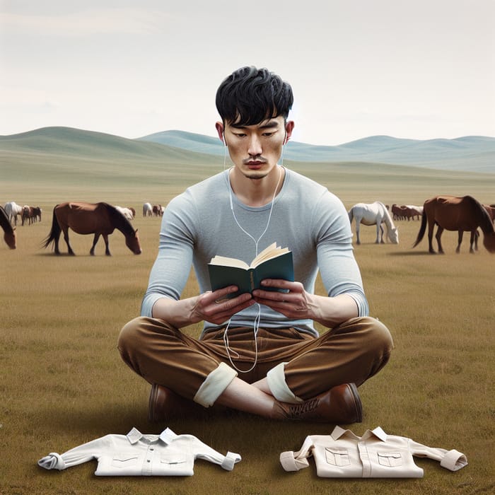 Chinese Men Studying in Grassy Field with Cattle and Horses