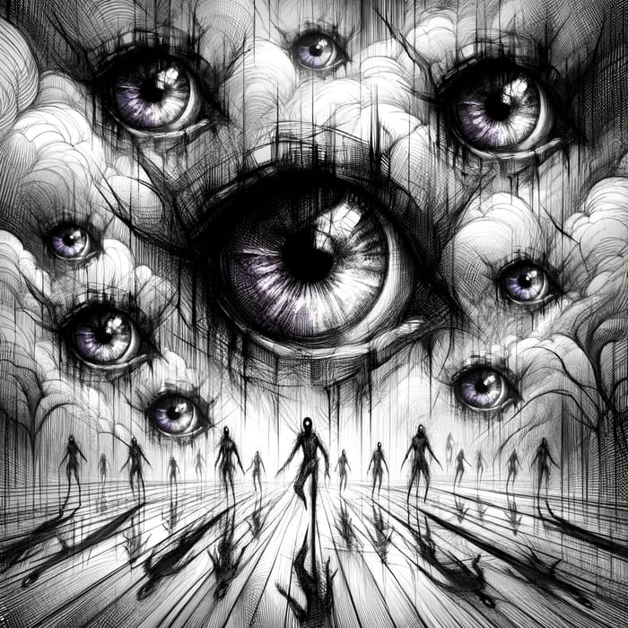 Haunting Visuals: Distorted Perspective, Black & Purple Art with Big Eyes