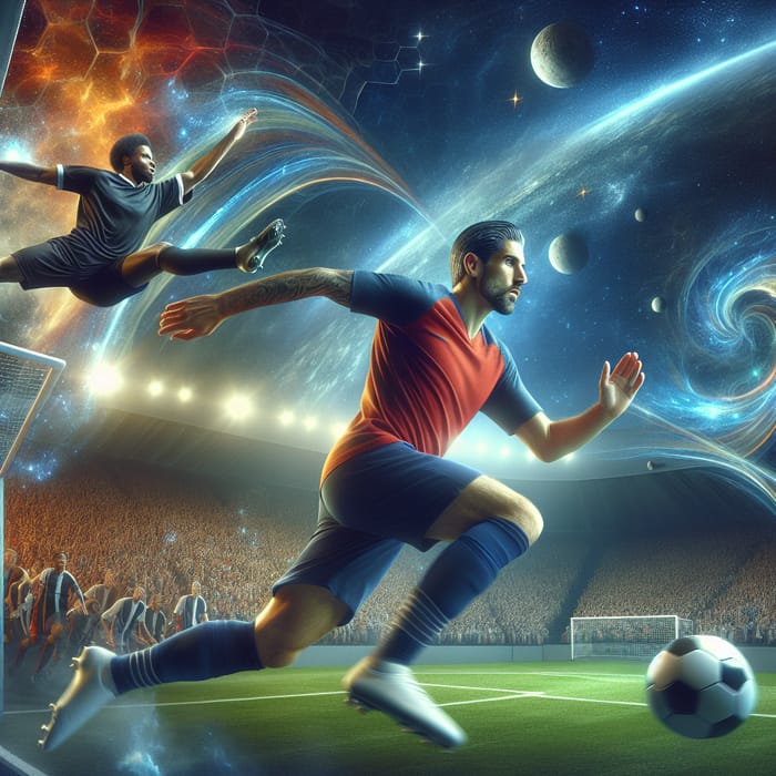 Hispanic Soccer Player Races to Goal Amidst 20M Spectators in Magical Universe