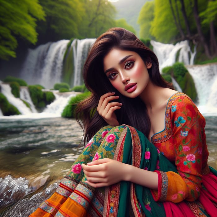 Tranquil South Asian Girl by Serene Waterfall | Elegant Scene