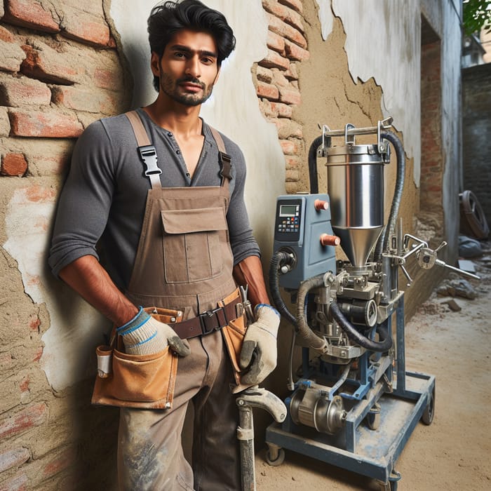 Dedicated South Asian Worker with Mechanized Plastering Equipment