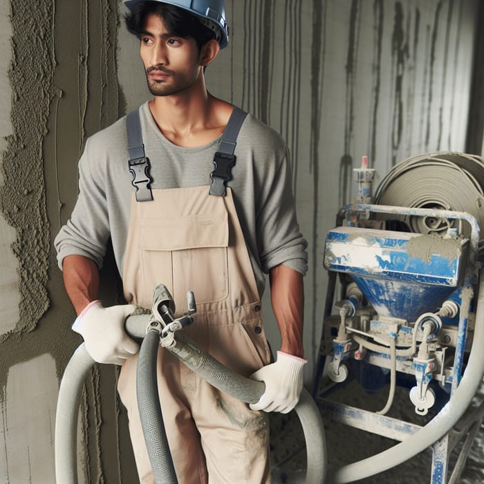 South Asian Worker with Mechanized Plastering Equipment Near Cement Wall