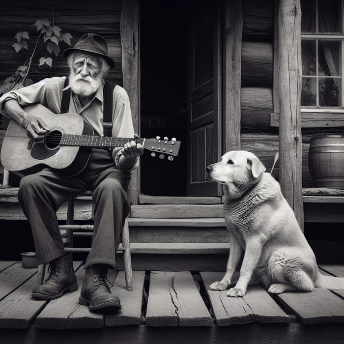 Elderly Man Playing Guitar on Farmhouse Porch with Dog - Vintage Scene