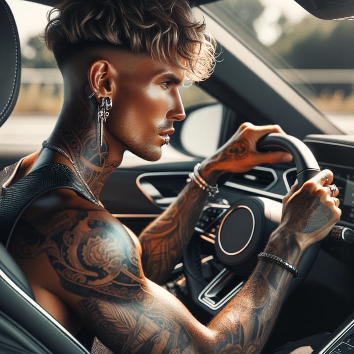 Stylish Tan Man in Car with Piercings and Tattoos