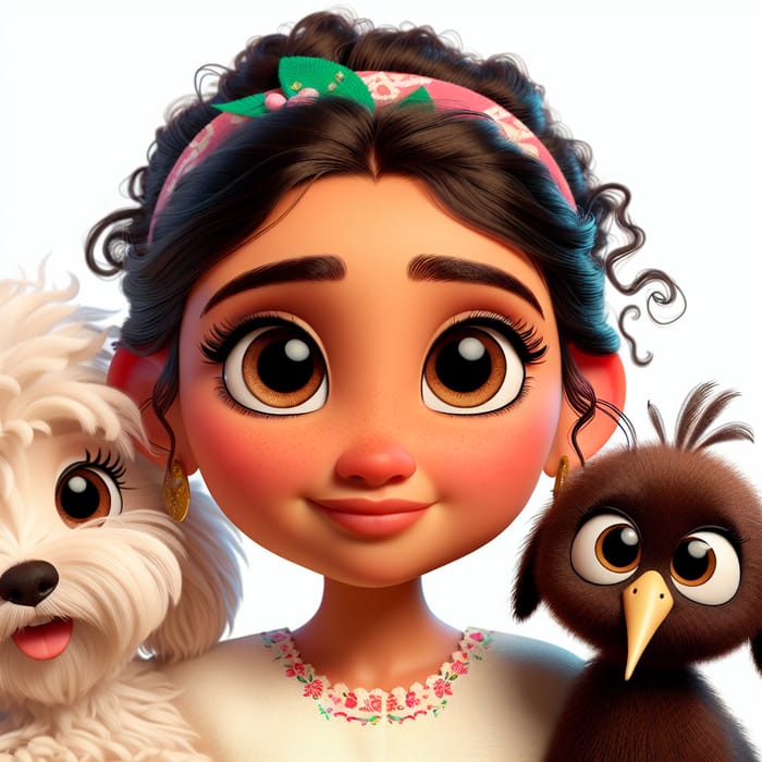 Mexican Girl in Pixar Style with Maltipoo Dog and Kiwibird