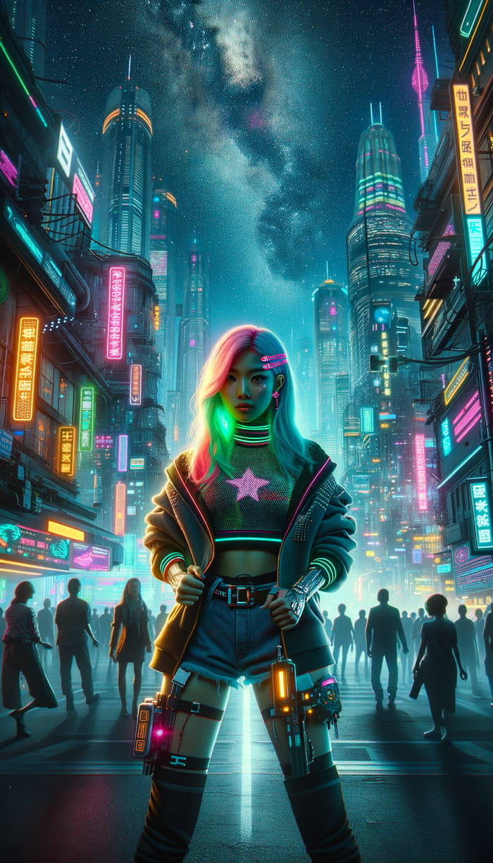 Hispanic Cyberpunk Girl Shining in Night City | Futuristic Scene