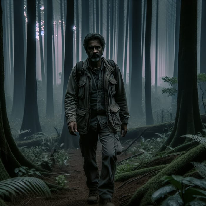 Man Walking in Dark Forest: Mysterious Exploration Journey