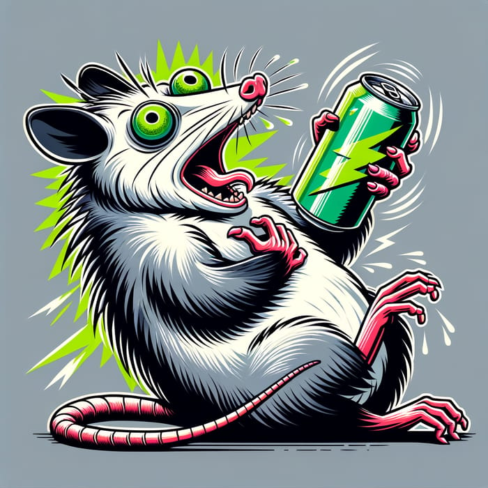 Exaggerated Possum Energy Drink Overdose - Comedic Vector Graphic