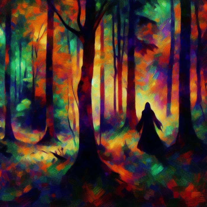 Mysterious Figure in Vibrant Forest - Enchanting Fantasy Forestscape