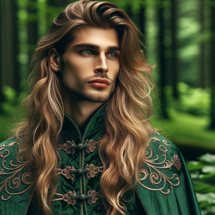 Beautiful Young Man with Long Golden Hair in Green Forest