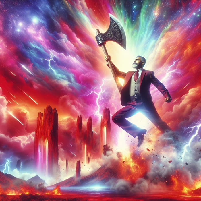 Hispanic Man Wielding Colossal Axe in Crimson Sky | Thrilling Visual