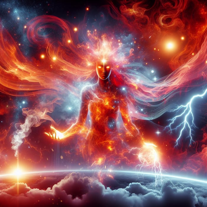 Nuwa Goddess of Creation in Fiery Sky with Celestial Lights