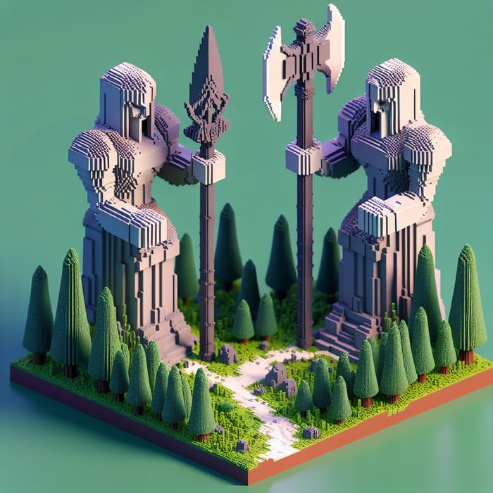Voxel Art Massive Statues with Spear and Ax Blocking Path by Forest