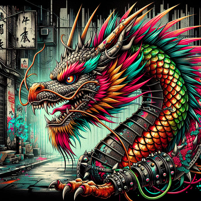 Punk Chinese Dragon in Dystopian Urban Landscape