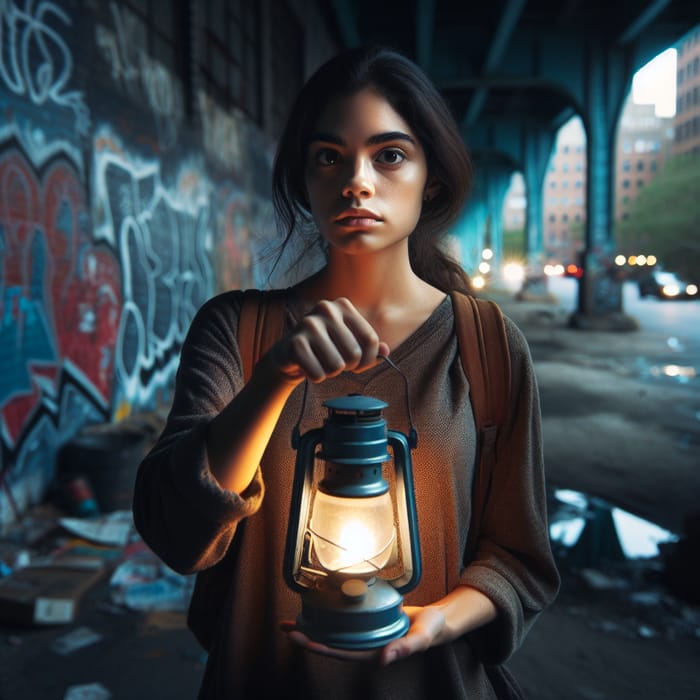 Resilient Hispanic Woman Illuminating Urban Darkness