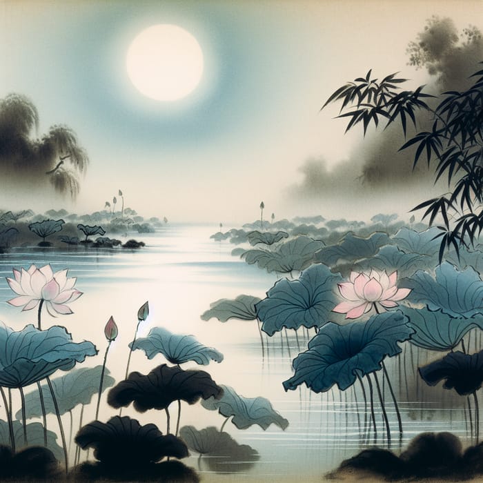 Serene Lotus Pond Under Moonlight - Soft Watercolor Painting