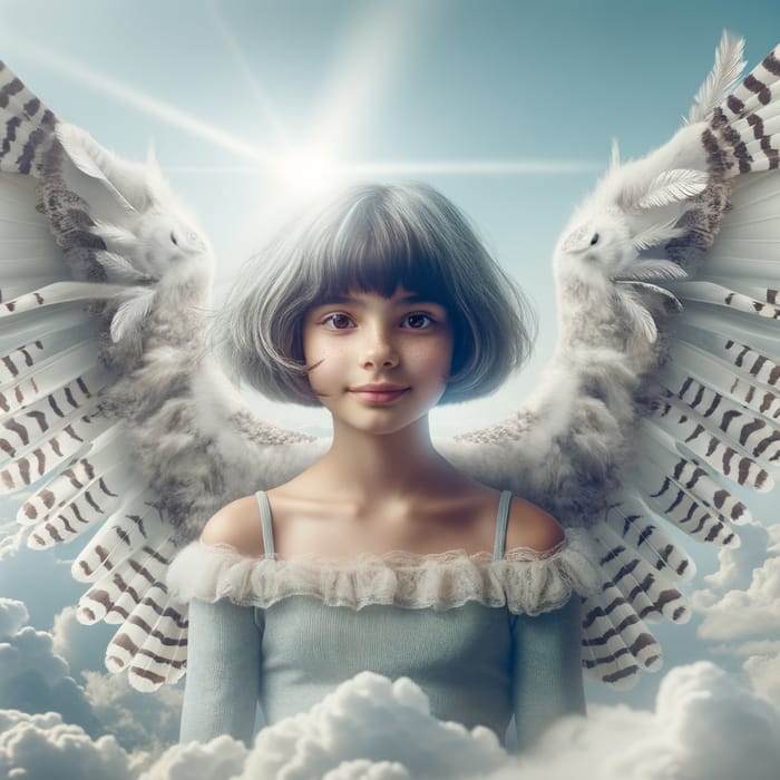 Ashen-Haired Girl with White Owl Wings Soars in the Sky