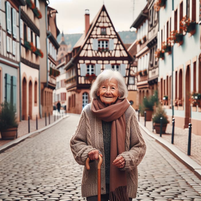 Senior Woman Strolling Through Haguenau | Traditional French Architecture