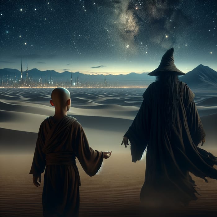 Epic Journey of a Monk and Wizard in Celestial Desert