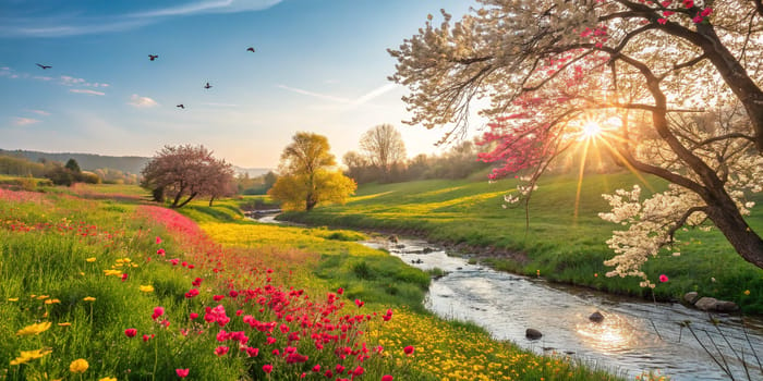 Beautiful Spring Nature Scene with Colorful Flowers