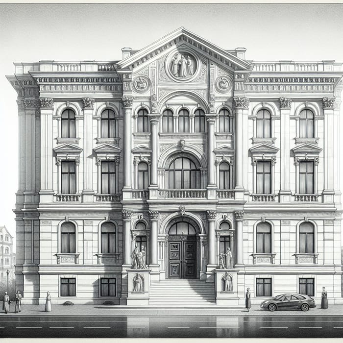 Classical 2-Story Building Drawing | Architectural Pencil Sketch