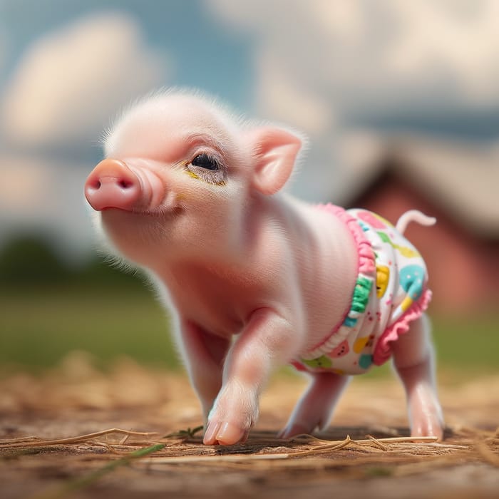 Cute Baby Piglet in Diaper Walking