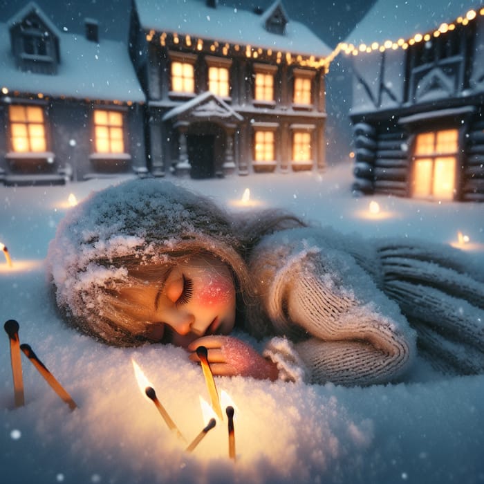 Sleeping Little Match Girl in Snow: Christmas Scene