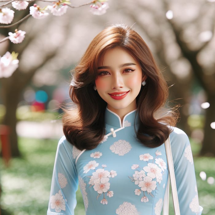 Beautiful Young Southeast Asian Woman in Blue Ao Dai Dress