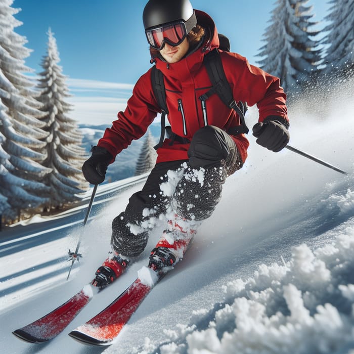 Snowy Mountain Skier with Red Ski Jacket and Black Pants