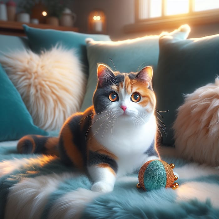 Adorable Domestic Shorthair Cat on Turquoise Sofa