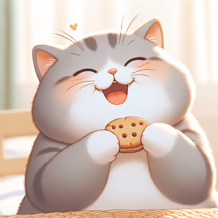 Chubby Cat Joyfully Eating Biscuit - Adorable Kitty Image