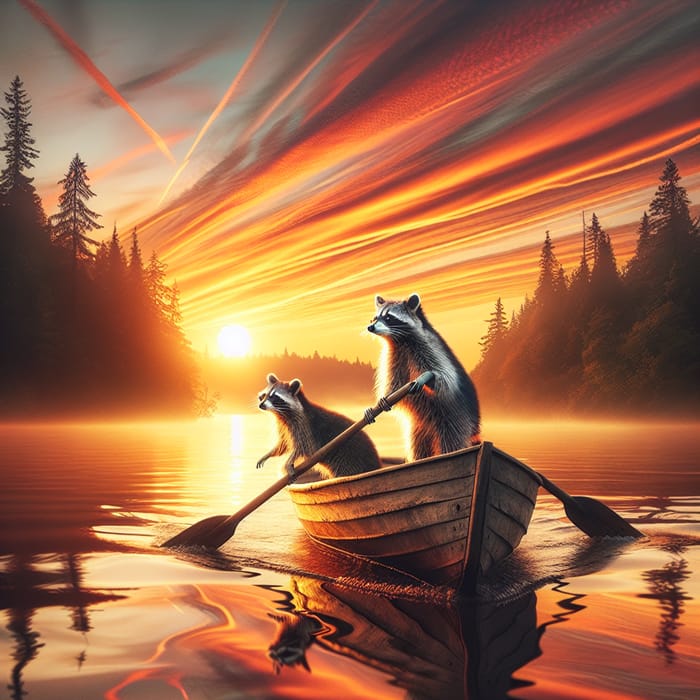Tranquil Raccoons Rowing into Sunset on Forest Lake Tranquil Raccoons Rowing into Sunset on Forest Lake