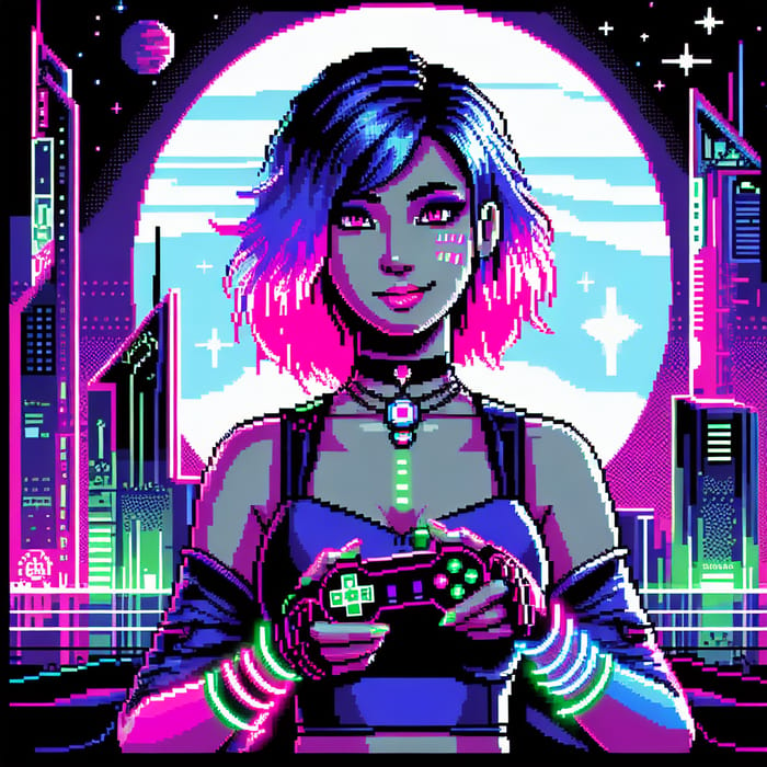 Cyberpunk Female with Gamepad - Pixel Art Design