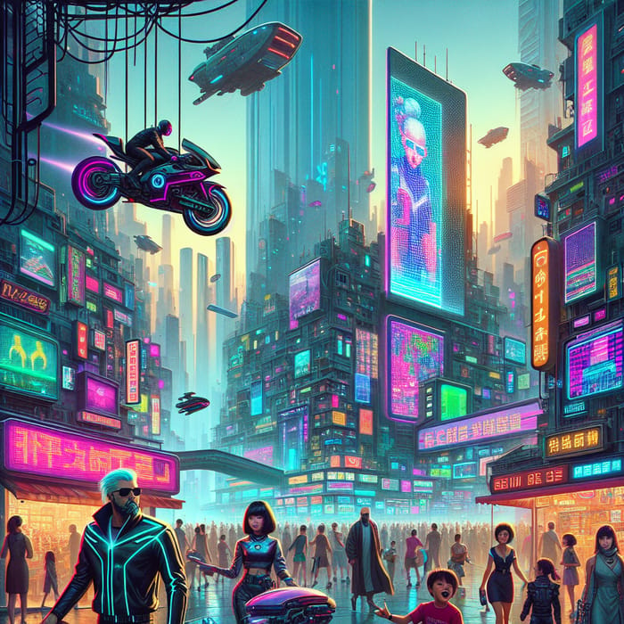 Vibrant Cyberpunk City: People & Neon Art