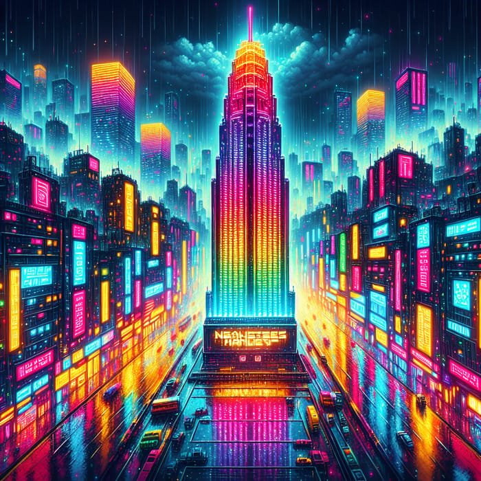 Cyberpunk City Tower with Games Haven Pixel Art