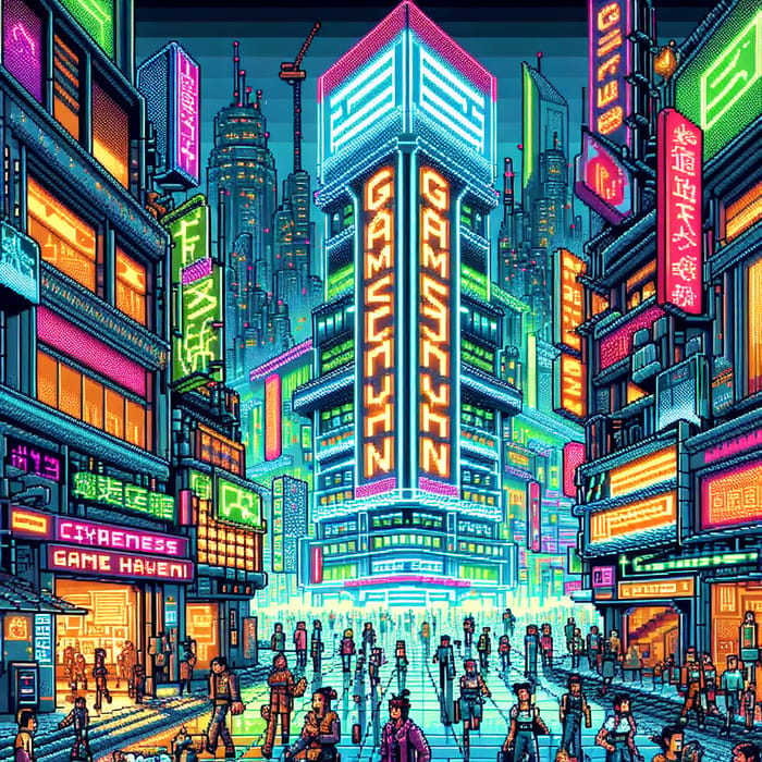 Vibrant Cyberpunk City with Games Haven Sign