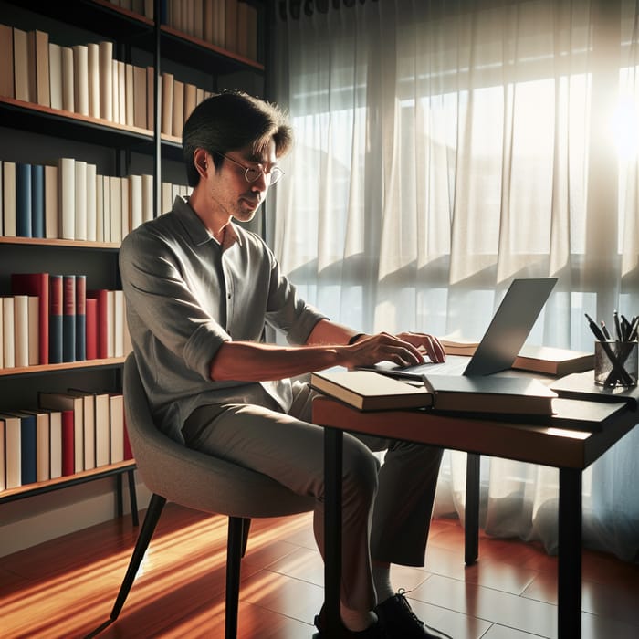 Asian Male Author, 30, Crafting at Bright Study | Literary Ambiance Shot