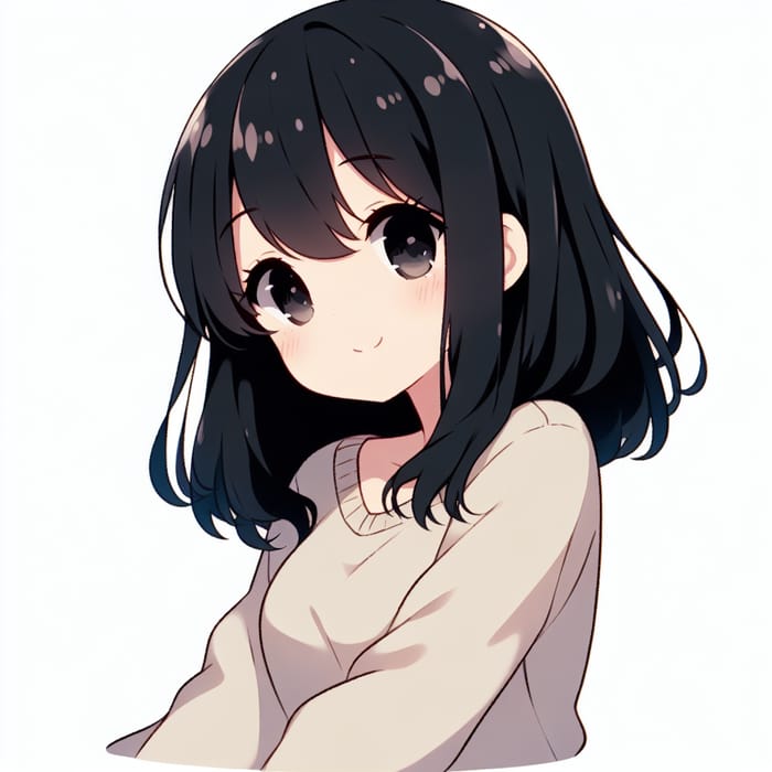 Kawaii Anime Girl with Black Hair Sitting Down