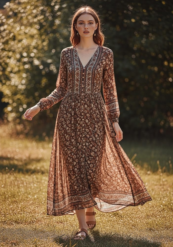 Bohemian Long Sleeve Dress in Earthy Tones Bohemian Long Sleeve Dress in Earthy Tones